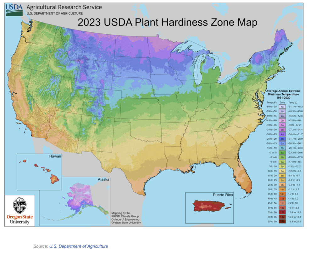 2023 USDA Plant Hardiness Zone Map, retrieved from Julia Simon, "'It Feels Like I'm Not Crazy.' Gardeners Aren't Surprised as USDA Updates Key Map," NPR, 2023.11.17.